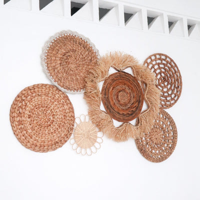 Mixed woven wall decor set of 6 – rattan, raffia & seagrass