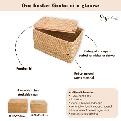 Håndvævet hyldekurv i rattan med låg GRAHA M – 37 × 27 × 20 cm