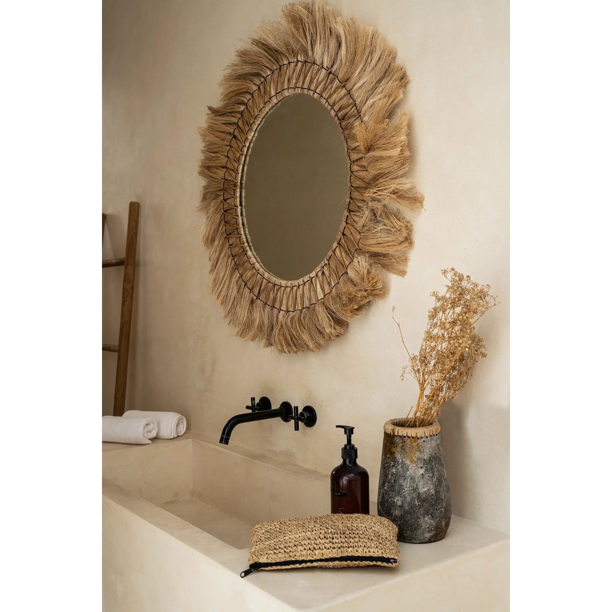 Rundt vægspejl i rattan, 90 cm - Naturlys