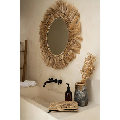 Rundt vægspejl i rattan, 90 cm - Naturlys