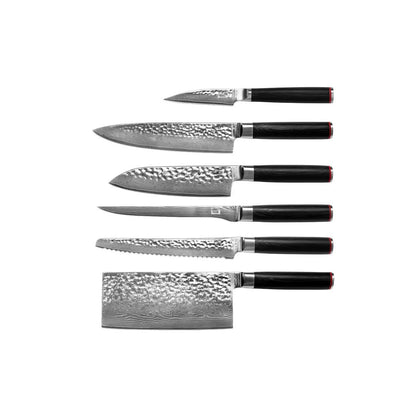 Damastmesser-Set, 6-teilig - gehämmertes Klingenfinish