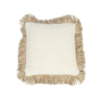 Cotton cushion cover with raffia fringe, 40×40 cm - Natural white