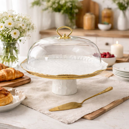 Porcelain cake dome with server - White and gold