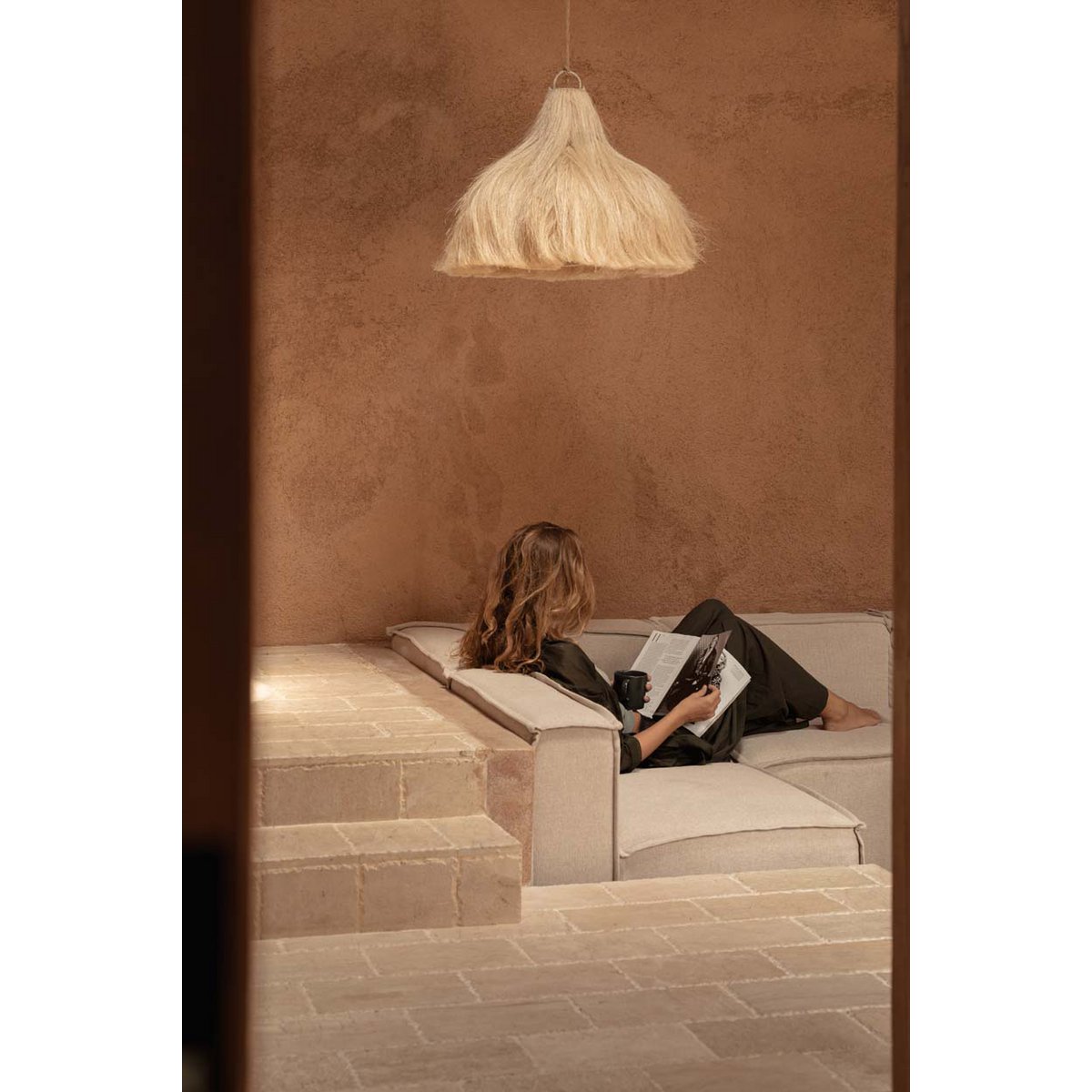 Hängeleuchte aus Hanf 60 cm – ausgefranster Sternenrahmen, beige