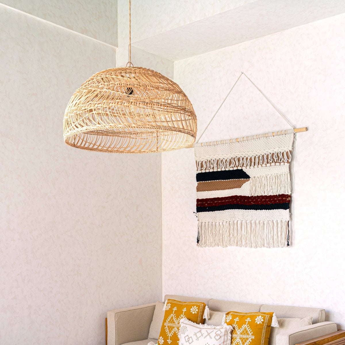 Baumwoll-Makramee-Wandbehang 120 × 95 cm – Holz & Kordel