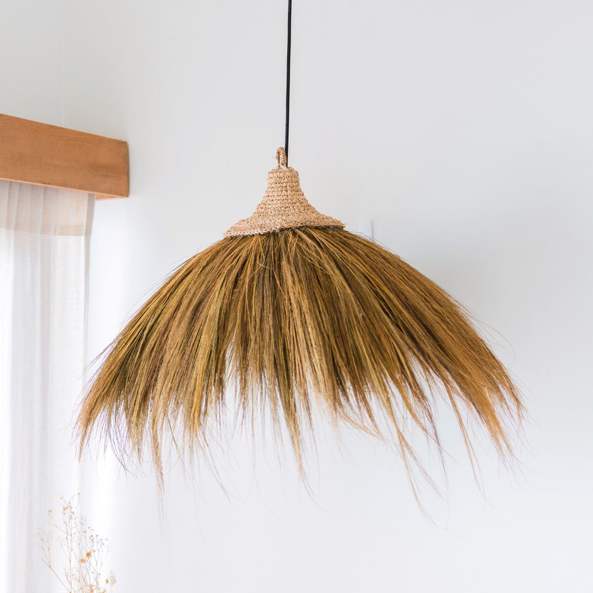 Raffia pendant light Ø 53 cm – fringed shade, beige, green and brown