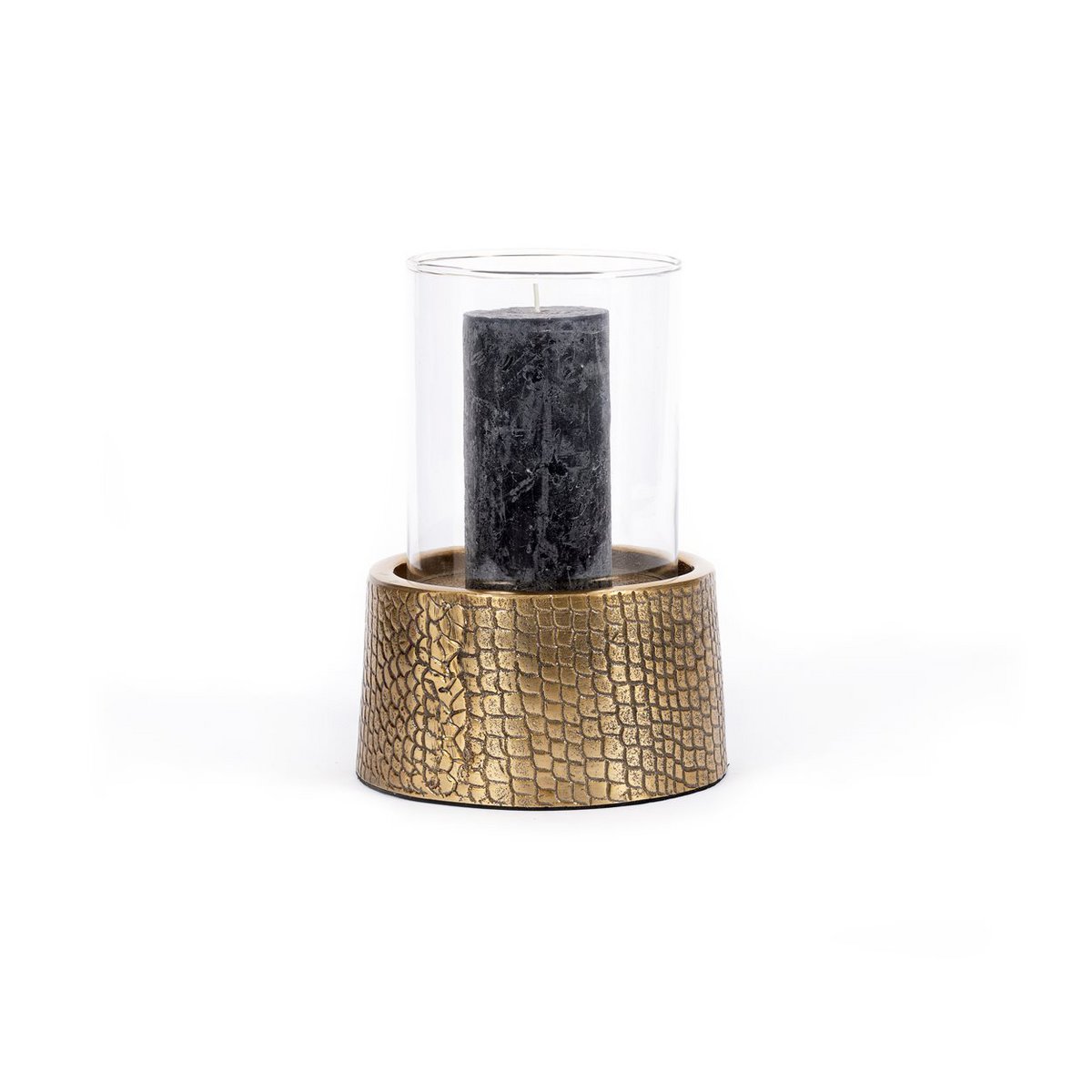 Krokodille lysestage i aluminium med glas, stor – messingfinish