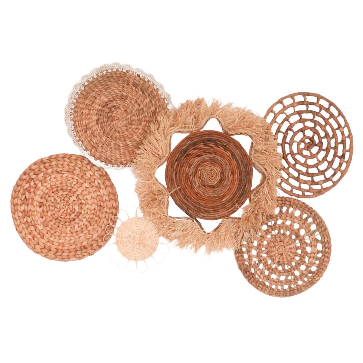 Sæt med 6 vægdekorationer i blandet vævet materiale – rattan, raffia og søgræs