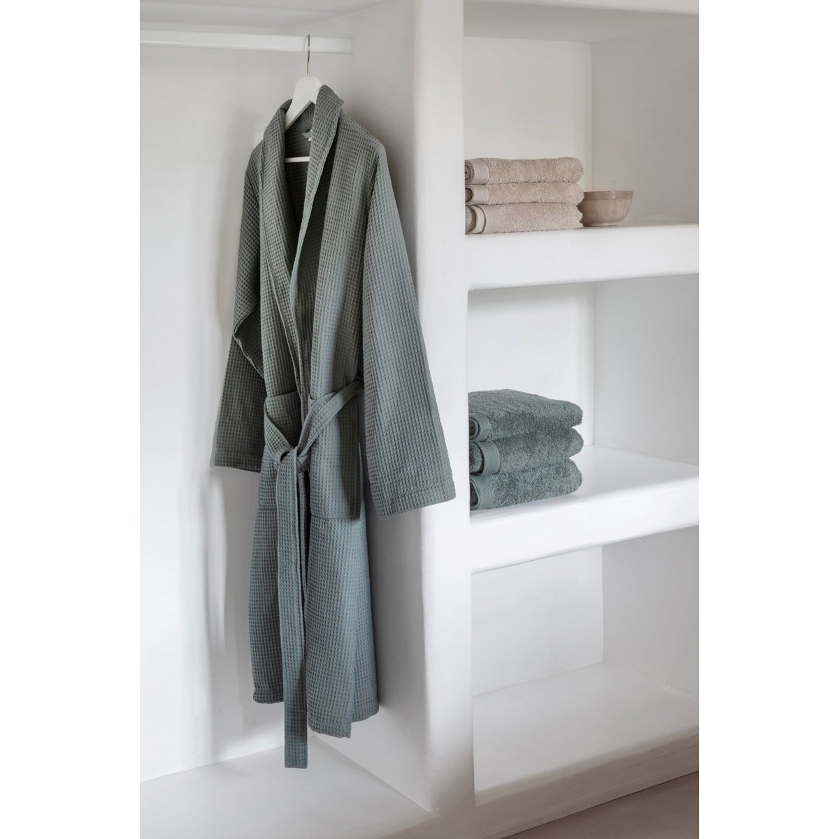 Cotton waffle bathrobe size S - eucalyptus